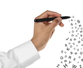 Image of Man writing letters and they flying away on white background, closeup