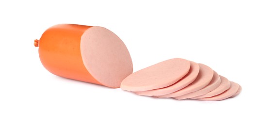 Photo of Tasty cut boiled sausage on white background