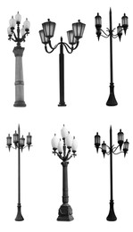 Image of Beautiful street lamps in retro style on white background, collage