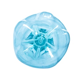Photo of One plastic bottle on white background, top view. Recycle concept