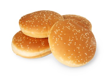 Photo of Many fresh hamburger buns isolated on white