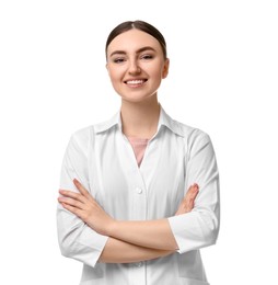 Photo of Cosmetologist in medical uniform on white background