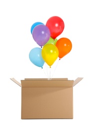 Photo of Gift box with bright air balloons on white background