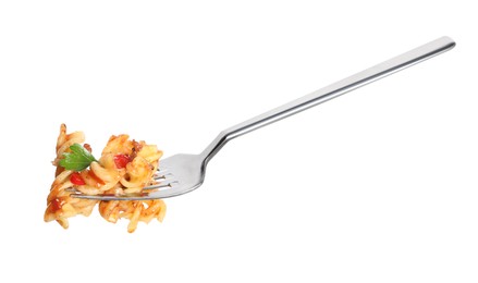 Photo of Fork with tasty pasta isolated on white