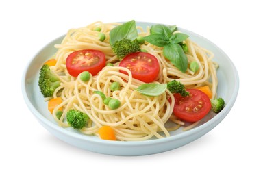 Photo of Plate of delicious pasta primavera isolated on white