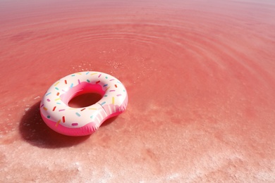 Photo of Inflatable ring floating in pink lake on sunny day