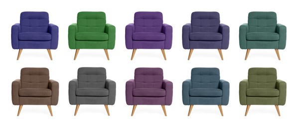 Image of Different colorful armchairs isolated on white, set