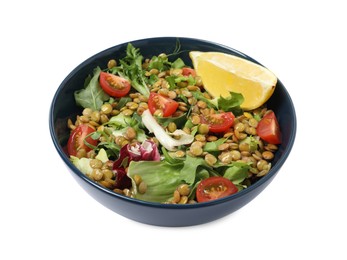 Photo of Bowl of delicious salad with lentils and vegetables isolated on white
