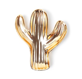 Photo of Trendy gold cactus shaped plate on white background, top view