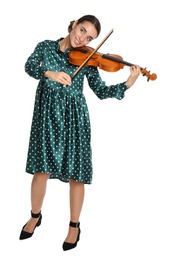 Photo of Beautiful woman playing violin on white background