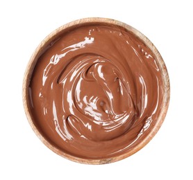 Photo of Tasty melted milk chocolate in bowl isolated on white, top view