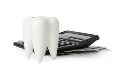 Photo of Ceramic model of tooth, calculator and dollar banknotes on white background. Expensive treatment