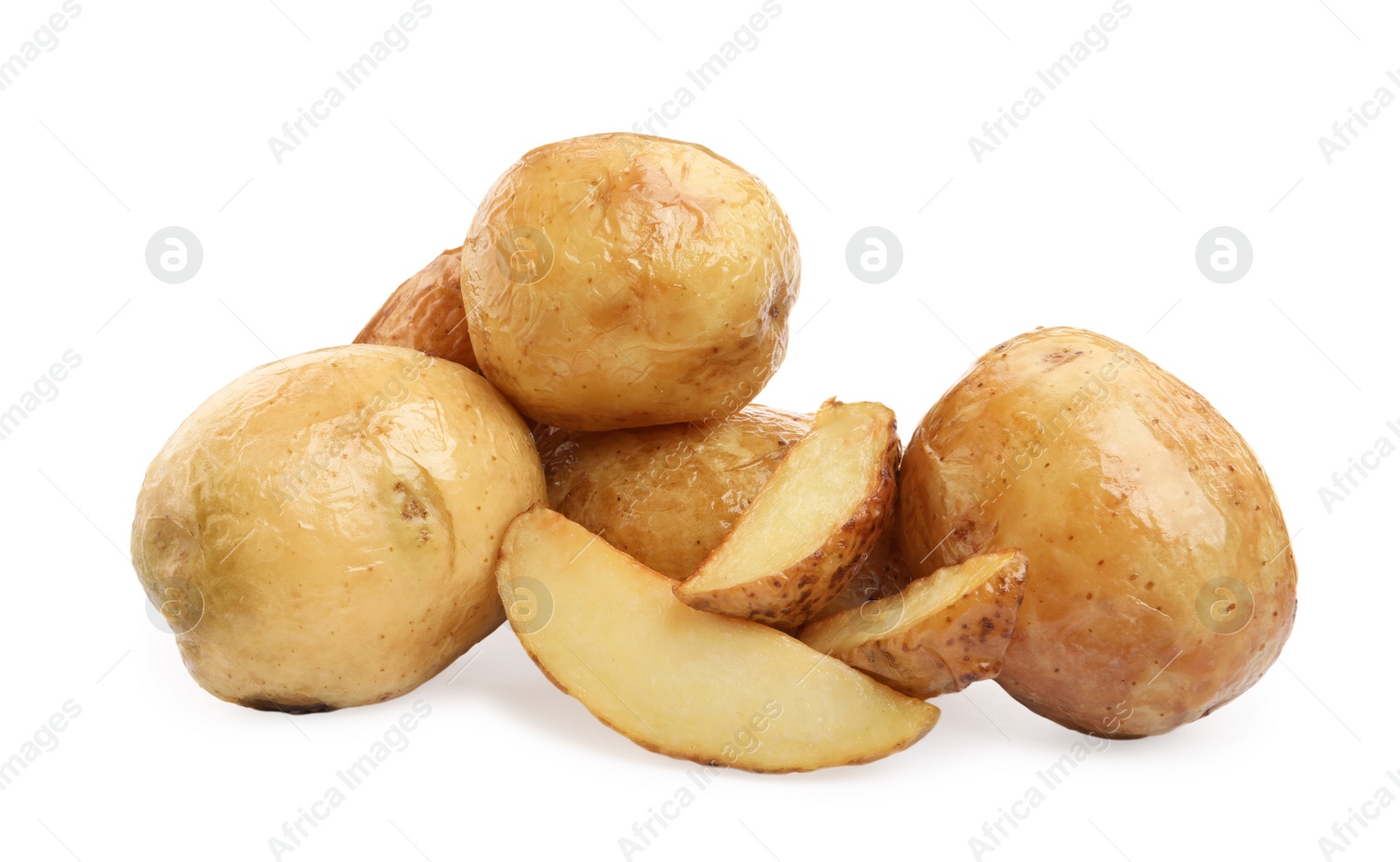 Photo of Many tasty baked potatoes on white background