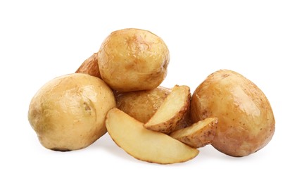 Many tasty baked potatoes on white background