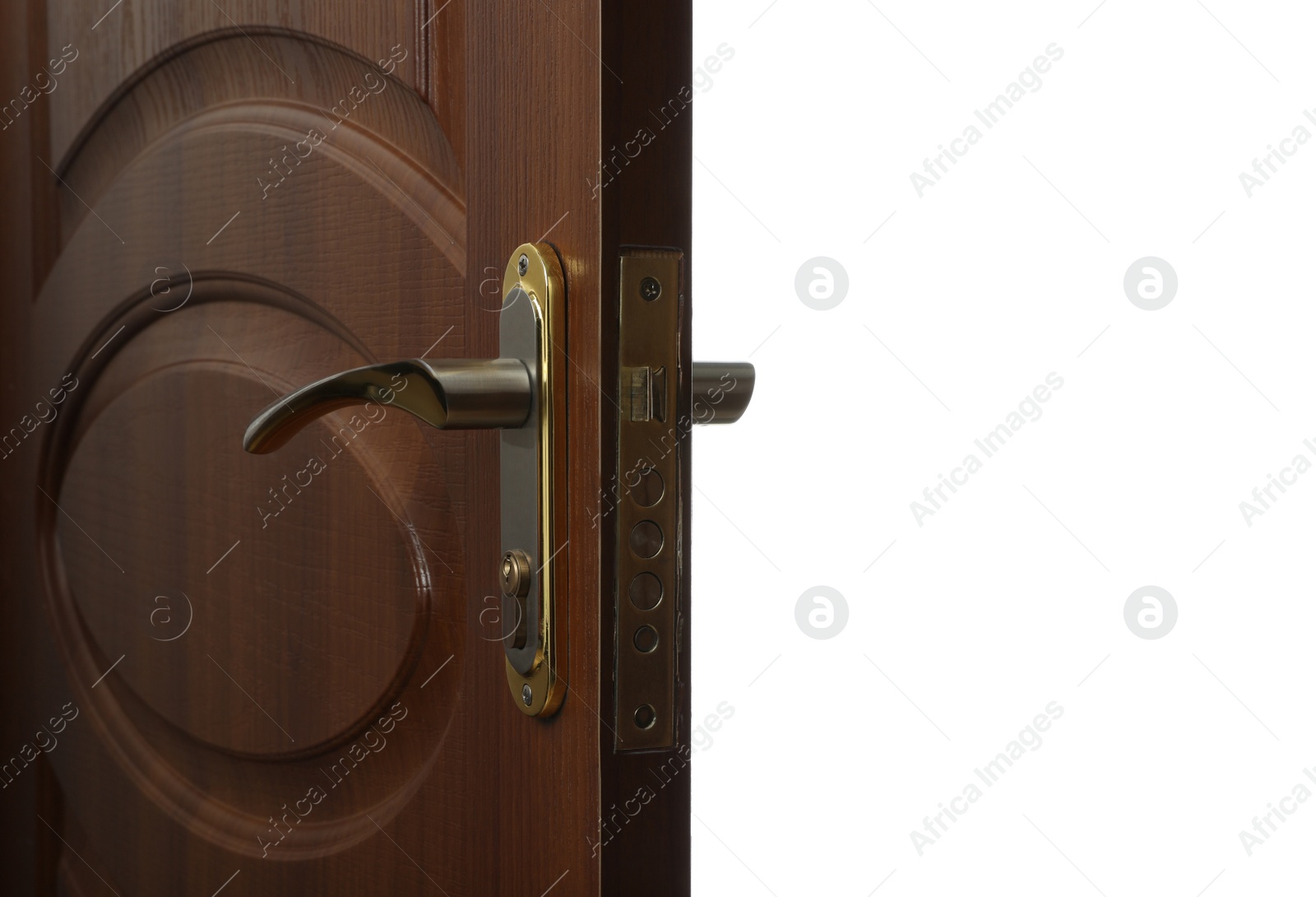 Photo of Wooden door with metal handle on white background, closeup