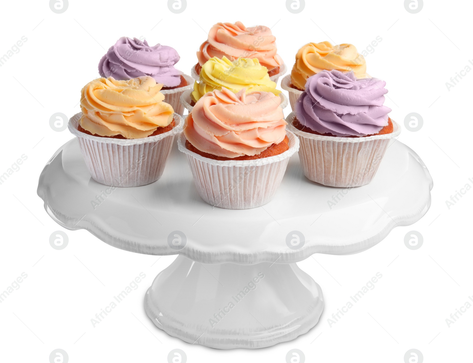 Photo of Stand with tasty cupcakes on white background