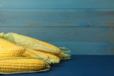 Corncobs with husks on blue wooden table. Space for text