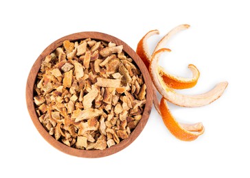 Photo of Bowl of dried orange zest seasoning and fresh peel isolated on white, top view
