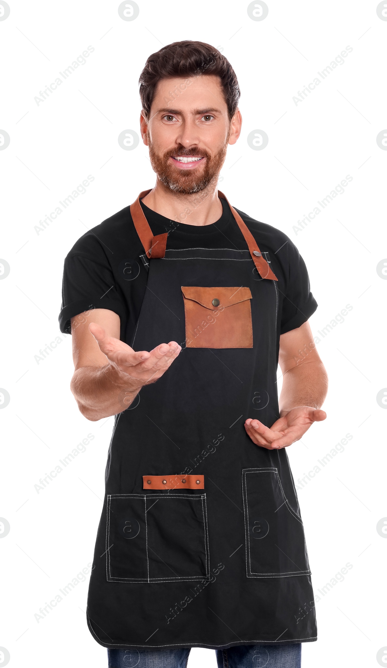 Photo of Professional hairdresser wearing apron on white background