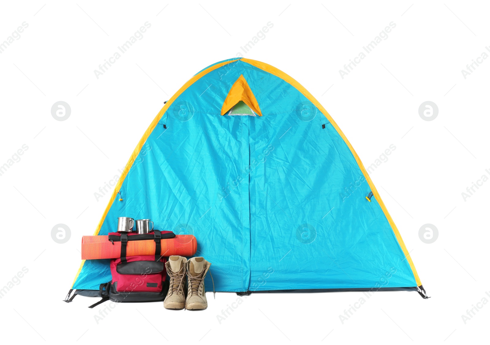 Photo of Tourist tent and camping equipment on white background