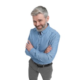 Photo of Mature businessman in stylish clothes posing on white background