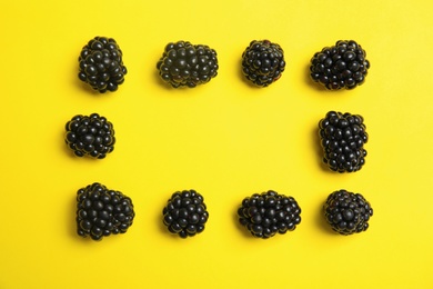 Flat lay composition with ripe blackberries on color background