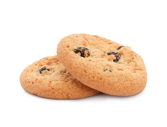 Delicious cookies with raisins on white background