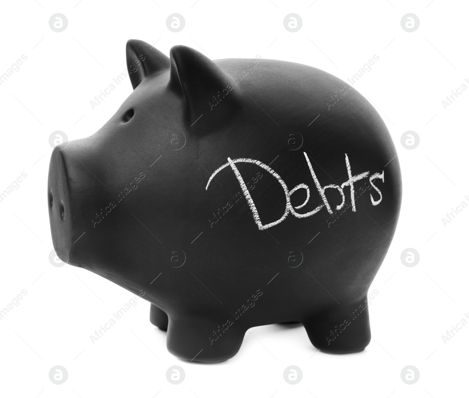 Photo of Black piggy bank with word DEBTS on white background