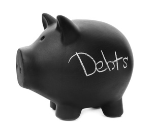 Photo of Black piggy bank with word DEBTS on white background