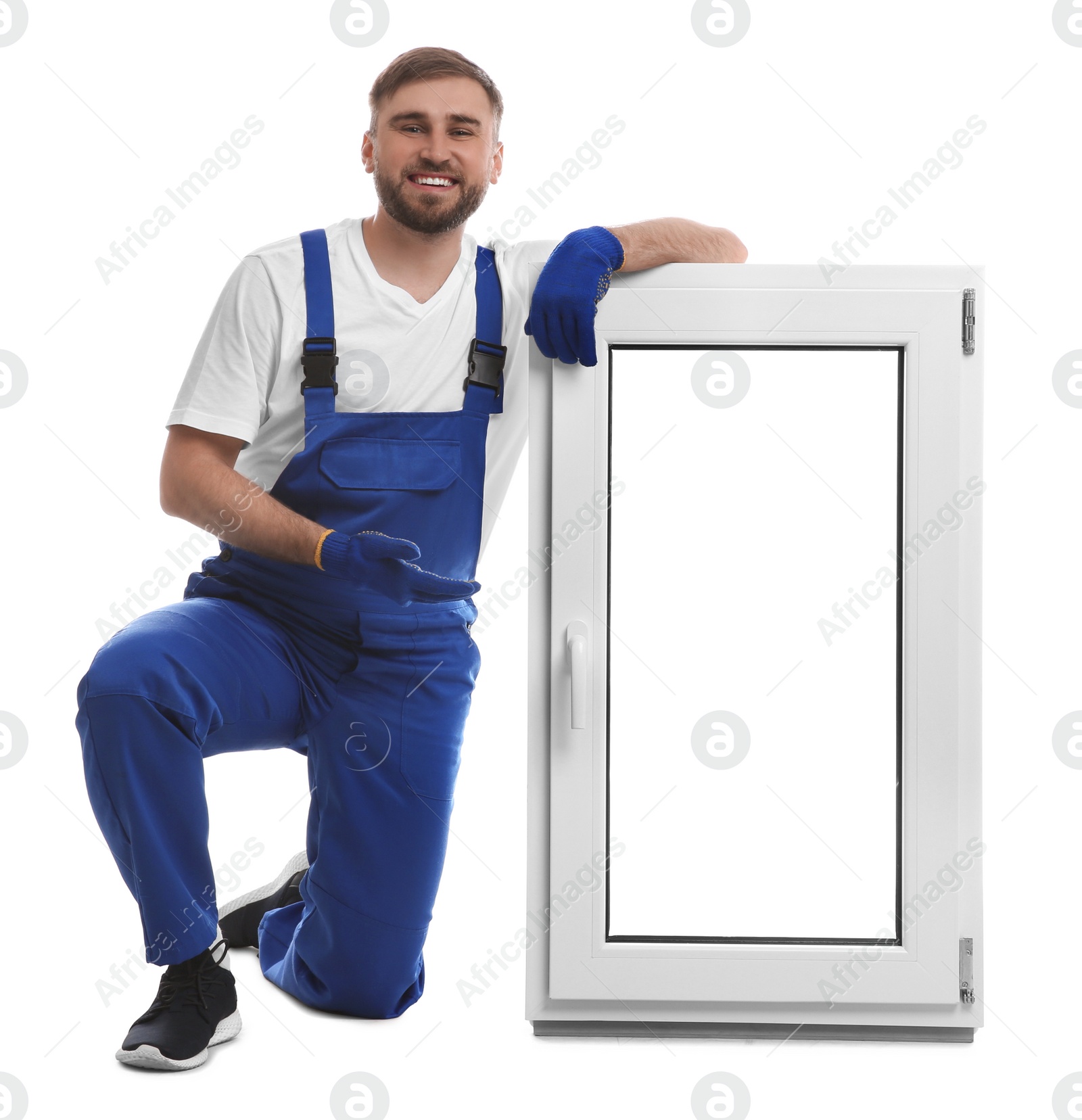 Photo of Worker with plastic window on white background. Installation service