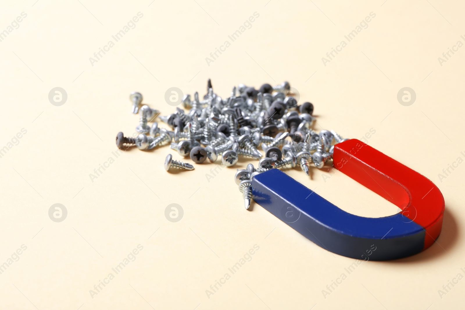 Photo of Red and blue horseshoe magnet attracting screws on beige background
