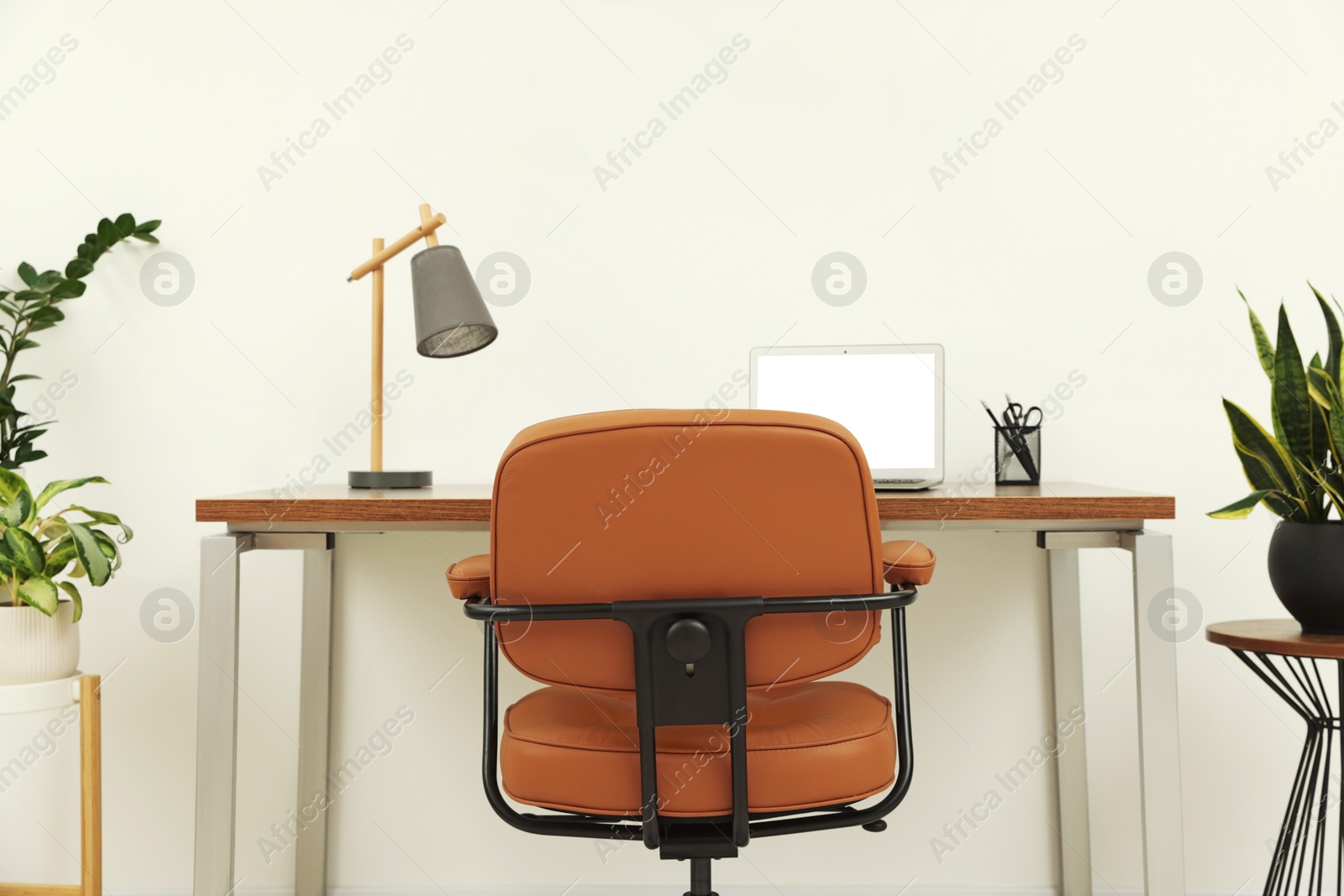 Photo of Stylish office interior with comfortable chair, desk, laptop and houseplants