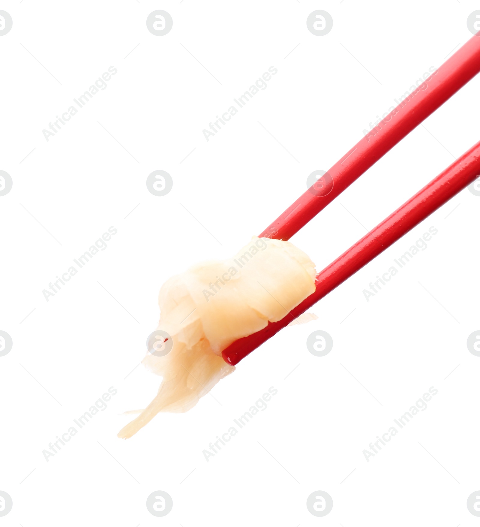 Photo of Chopsticks with pickled ginger on white background