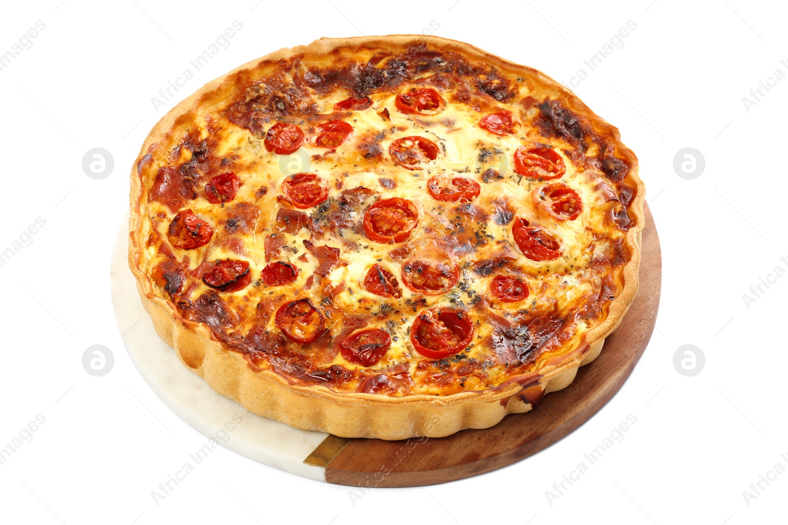 Photo of Delicious homemade quiche with prosciutto and tomatoes isolated on white