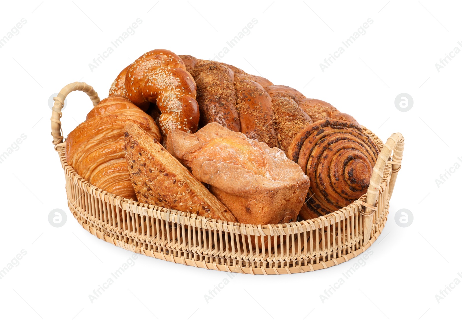 Photo of Different tasty pastries in wicker basket isolated on white