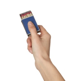 Photo of Woman holding box with matches on white background, closeup