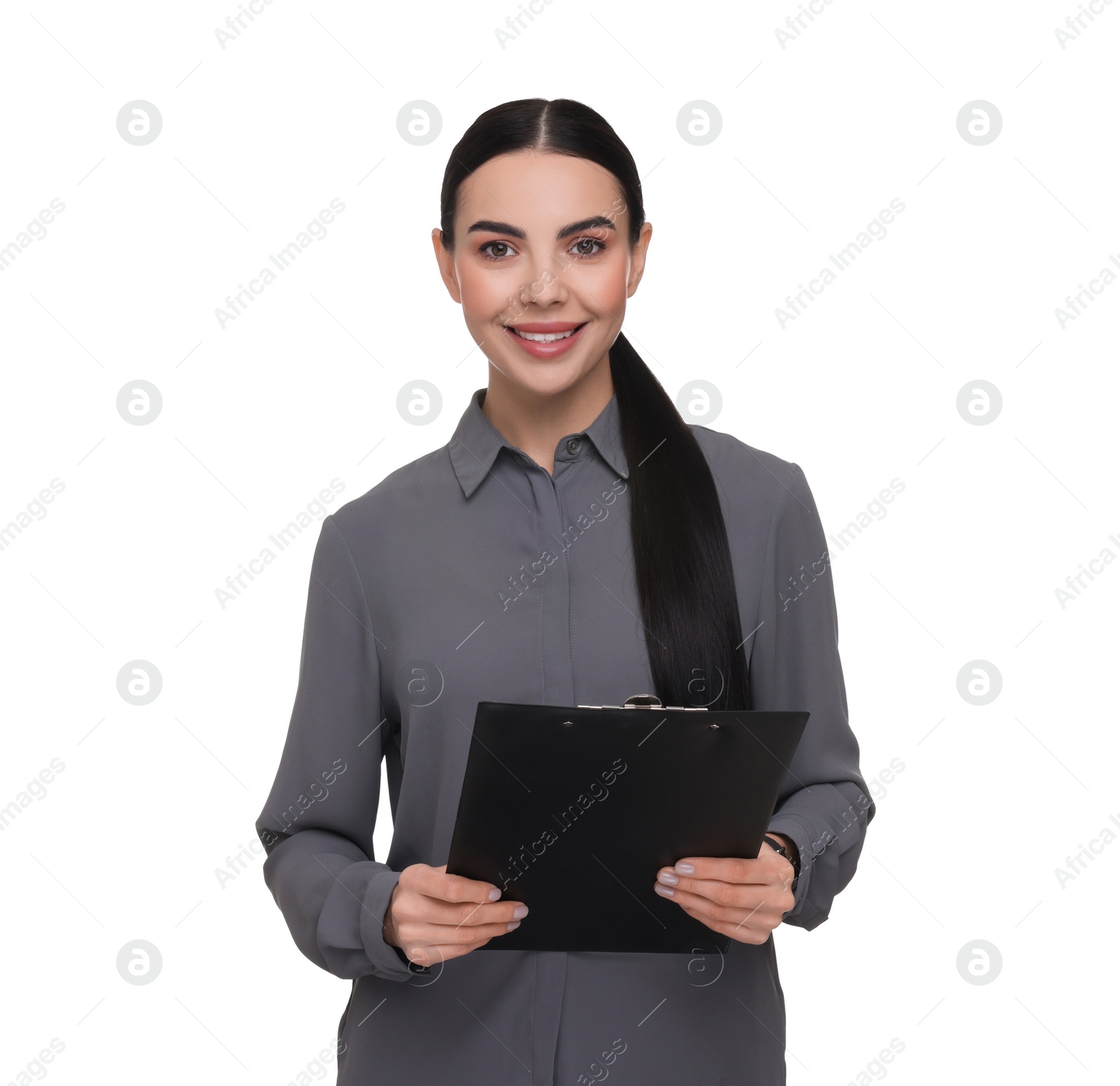 Photo of Portrait of smiling woman with clipboard on white background. Lawyer, businesswoman, accountant or manager