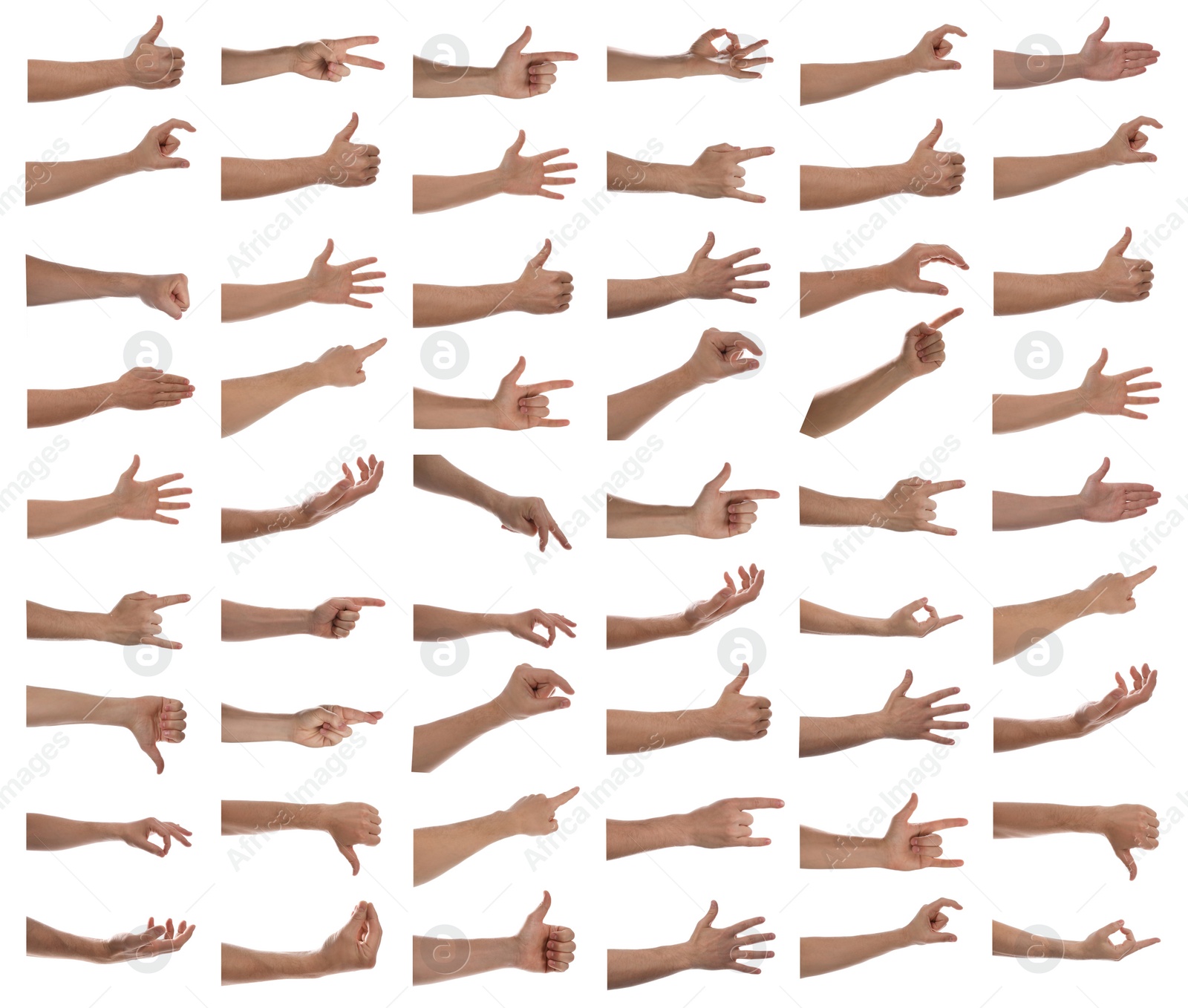 Image of Collage with man showing different gestures on white background, closeup view of hands