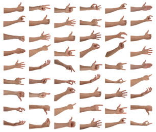 Image of Collage with man showing different gestures on white background, closeup view of hands