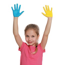 Photo of Little girl with hands painted in Ukrainian flag colors on white background. Love Ukraine concept