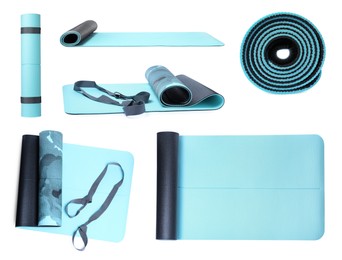 Set with turquoise camping mats on white background 