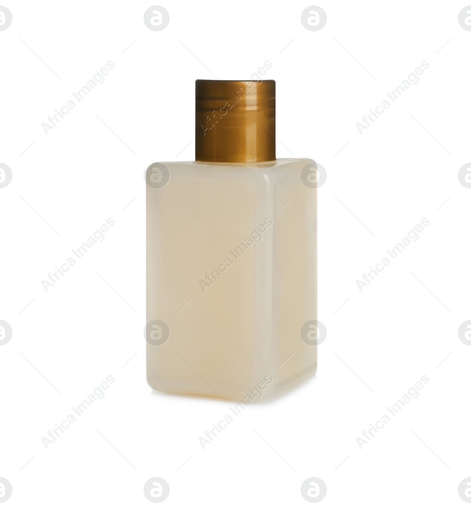 Photo of Mini bottle with cosmetic product on white background. Hotel amenity