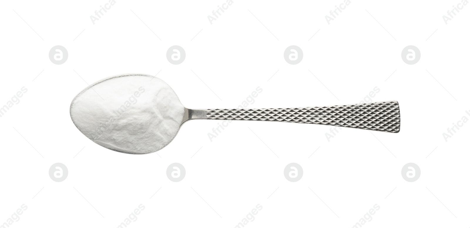 Photo of Spoon of baking soda isolated on white, top view
