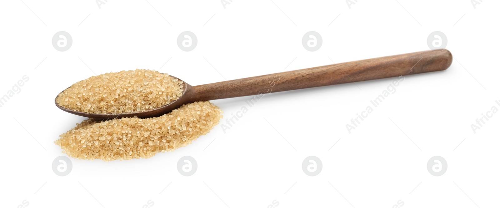 Photo of Pile of brown sugar and wooden spoon isolated on white