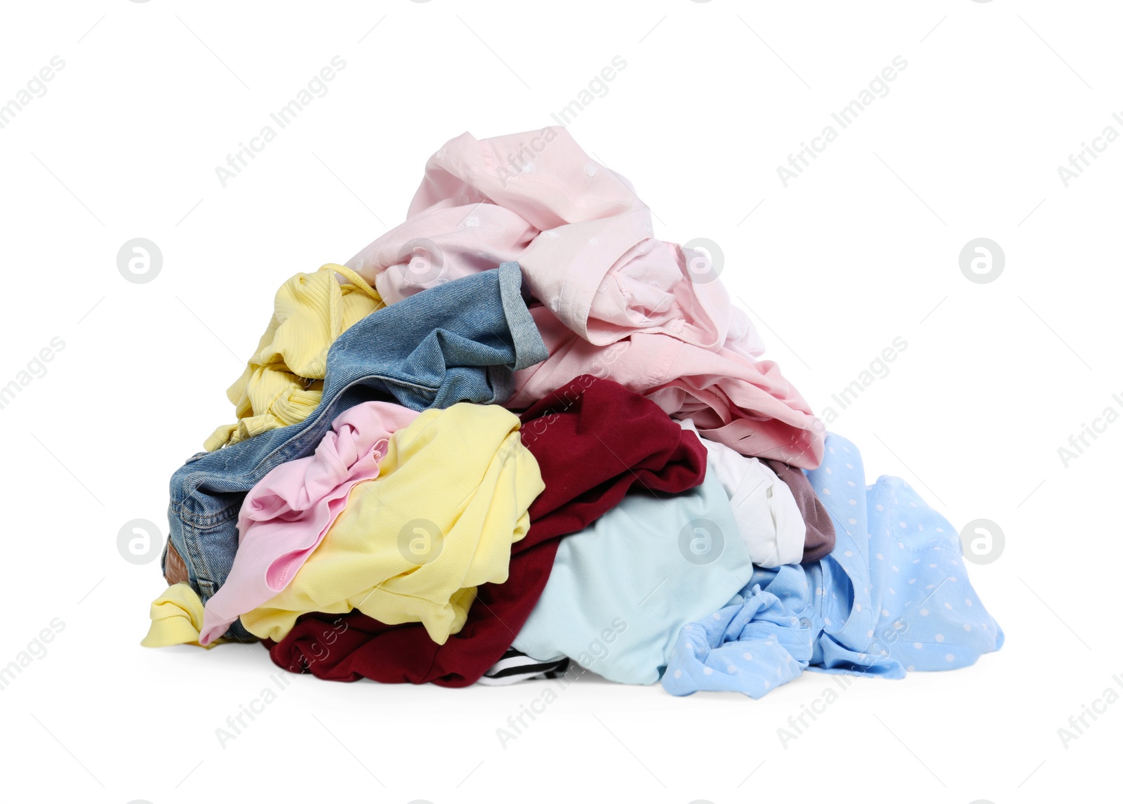 Photo of Pile of colorful clothes isolated on white