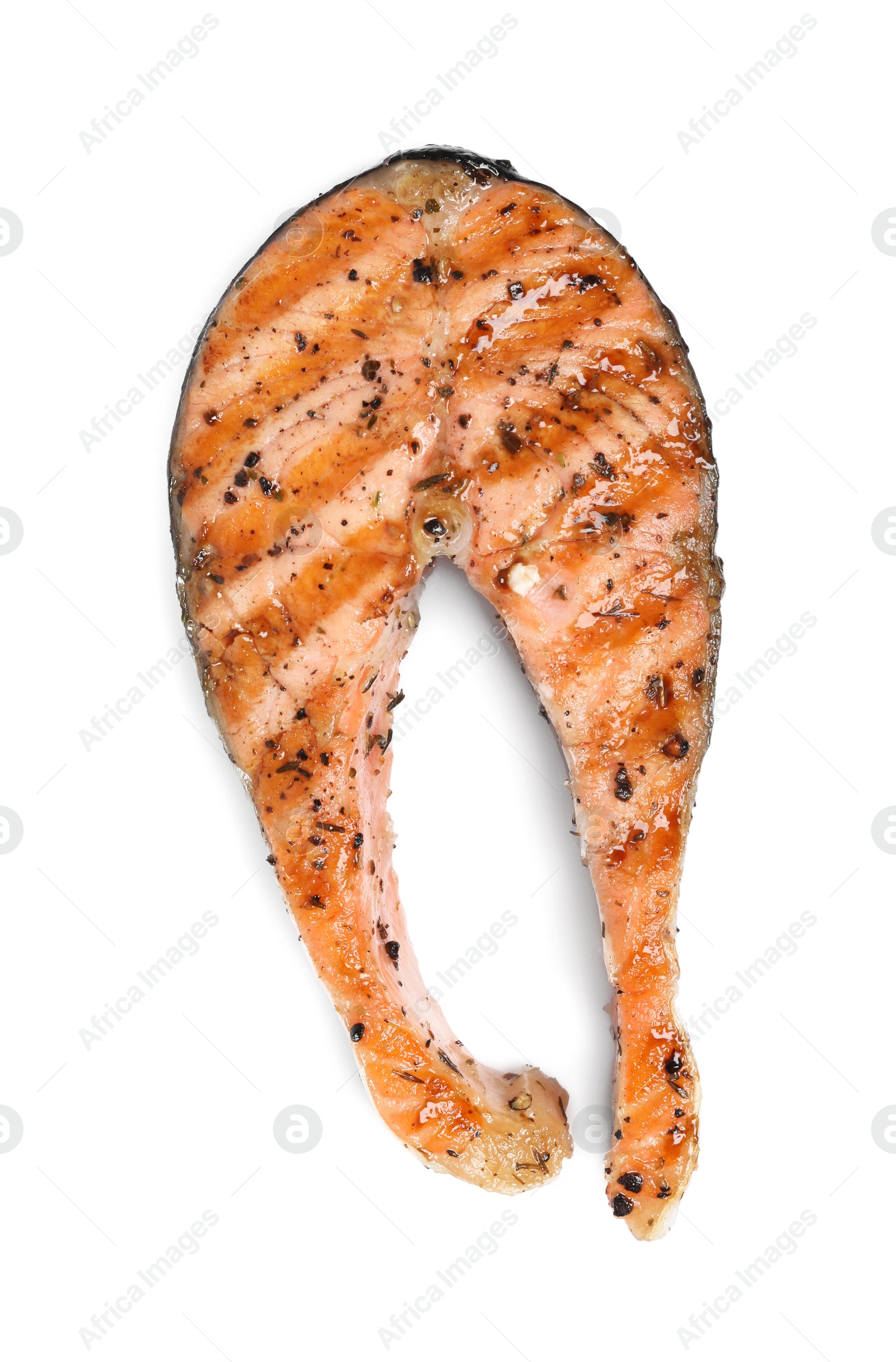 Photo of Tasty salmon steak isolated on white, top view