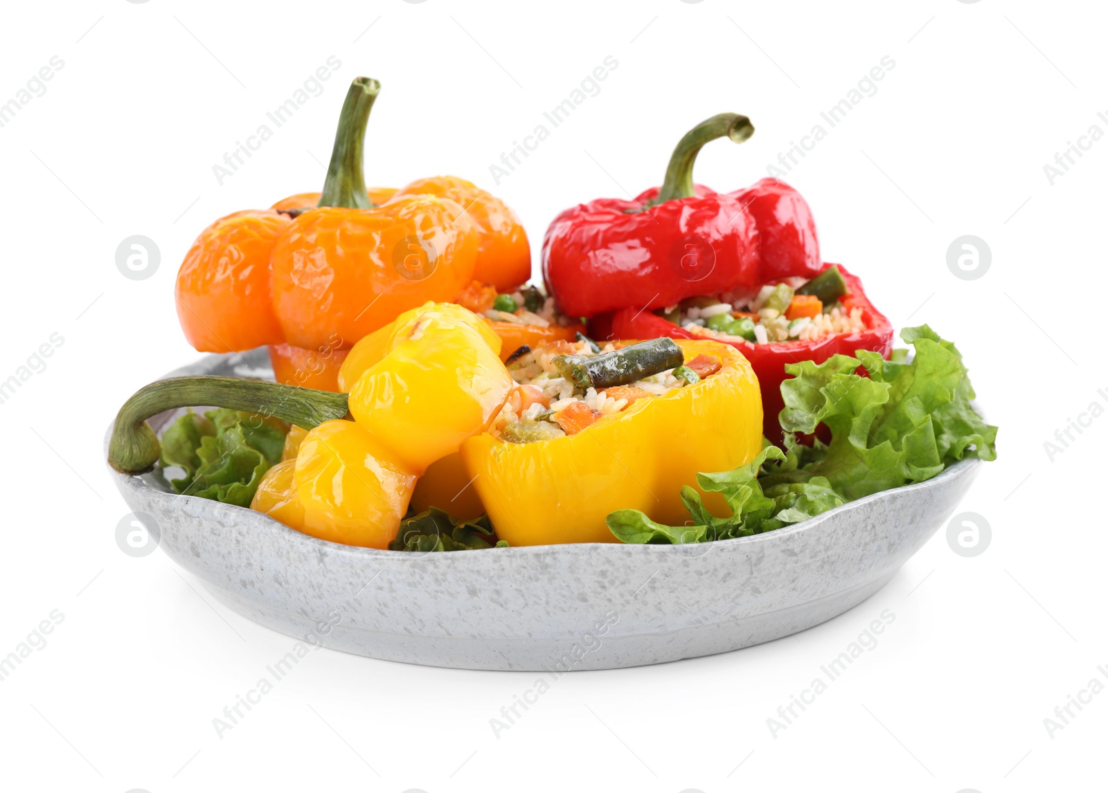 Photo of Tasty stuffed bell peppers isolated on white