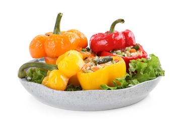 Photo of Tasty stuffed bell peppers isolated on white