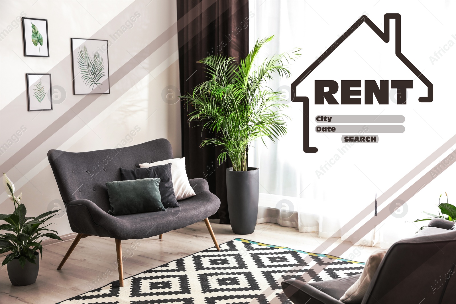 Image of Property search agency site. Word Rent with data and beautiful living room on background