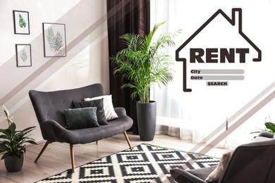 Image of Property search agency site. Word Rent with data and beautiful living room on background